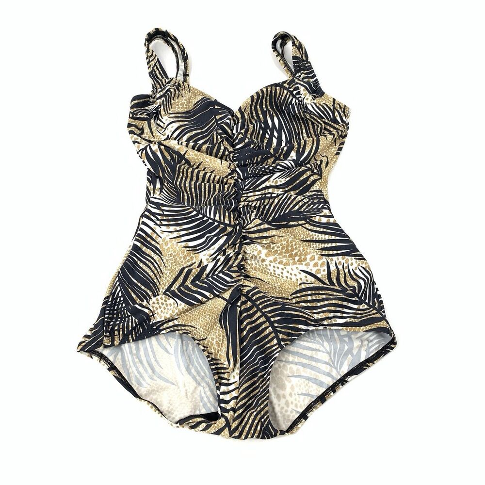 $115 Playa Swim Collection One Piece Tropical Palm Leaf Swimsuit 12 Cream Black